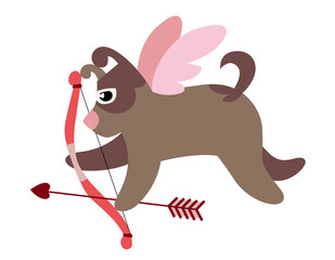 Dog cupid with bow and arrow. Funny character in flat style