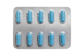 blister pack with medicine in blue capsules isolated on white background