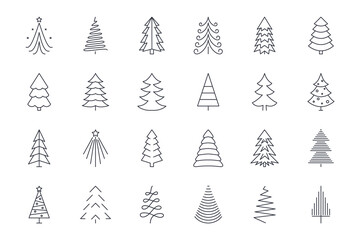 Vector Christmas tree icons. Editable stroke. Winter holidays decoration, Christmas and New Year celebration. Stock illustration on a white background. Snow season design elements