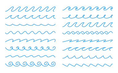 Vector elements water wave line. Blue sea wavy icon set. Ocean simple sign. Editable stroke. Stock illustration on a white background