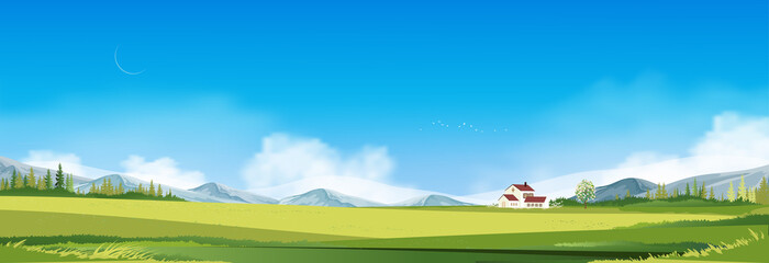 Naklejka na ściany i meble Spring landscape in countryside with farmhouse, green meadow on hills, blue sky and clouds,Vector cartoon Summer or Spring,Panoramic village with grass field and wildflower, Holiday natural background