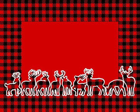 Merry Christmas,Happy New Year Vector Photo Frame Design.Deer stag reindeer silhouette border.Buffalo Black Red Gingham Lumberjack Quilt Tartan Checkered Plaid Pattern background texture.Winter decor.