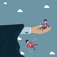 Flat design of business,Young man fell into the ravine but another man had a big hand support him - vector