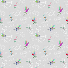 Floral seamless doodle pattern. Phantasy flowers and leaves background small simple flowers.