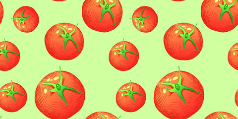 Seamless pattern illustration of tomatoes in bright colors. Illustration for advertising, packaging or publishing recipes. Culinary illustration of vegetables