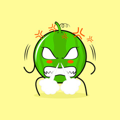 cute watermelon character with angry expression. nose blowing smoke, eyes bulging and grinning. green and yellow. suitable for emoticon, logo, mascot