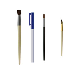 Brushes and pen. Collection of objects for drawing and caligraphy. Writing materials, creativity, sketching and painting. Materials for artist, sticker or icon. Cartoon flat vector illustration
