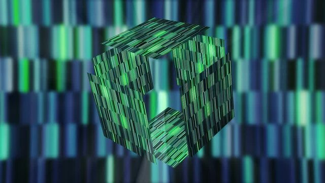 Digital visualization of the Pandora's box opening and releasing the curses. Motion. Glowing cube of shimmering tiles on colorful rays background.