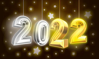 Happy New 2022 Year. Holiday illustration of golden metallic numbers 2022 and sparkling glitters pattern. Festive poster or banner design. Realistic 3d sign
