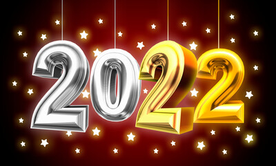 Happy New 2022 Year. Holiday illustration of golden metallic numbers 2022 and sparkling glitters pattern. Festive poster or banner design. Realistic 3d sign