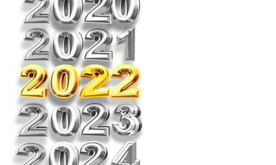 Happy New 2022 Year. Holiday illustration of golden metallic numbers 2022 and sparkling glitters pattern. Festive poster or banner design. Realistic 3d sign