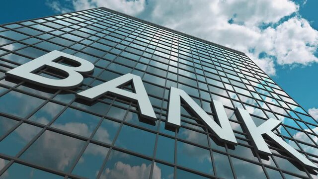 BANK signboard on a moden skyscraper reflecting flying airplane. 3D animation