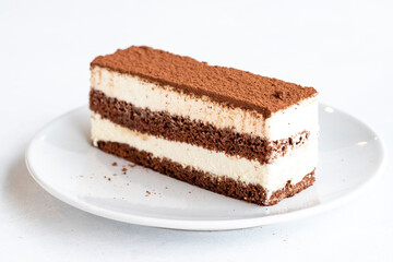 Tiramisu dessert on a white background. Italian sweet dessert concept. Plate of tiramisu cake. close up. selective focus. Horizontal view.