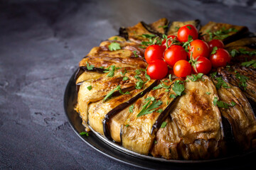 Traditional delicious Turkish food, meat eggplant dish (Turkish name; patlican kapama)