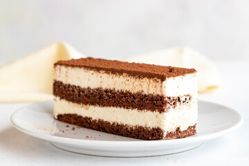 Tiramisu dessert on a white background. Italian sweet dessert concept. Plate of tiramisu cake. close up. selective focus. Horizontal view.