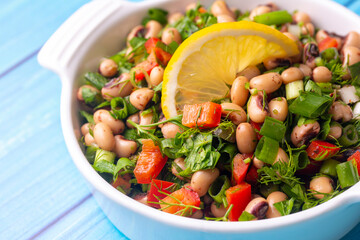Traditional delicious Turkish food; dried black eyed peas salad (Turkish name; kuru borulce salatasi)