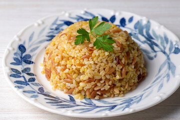 Traditional delicious Turkish food; Bulgur pilaf with vermicelli (Turkish name; sehriyeli bulgur pilaf)