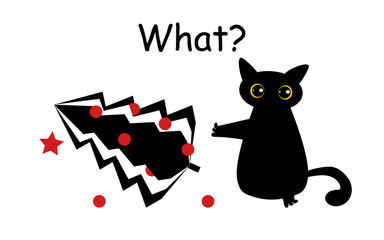 A funny mischievous black cat dropped a Christmas tree with balls and looks in surprise and asks What? Festive new year card with animal. 