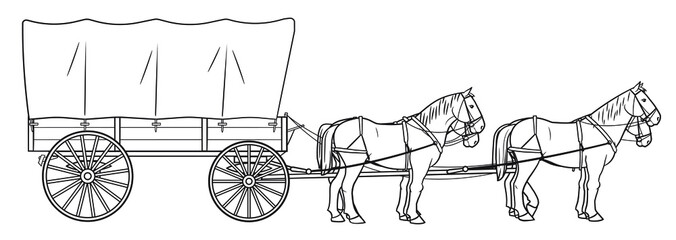 Covered wagon with four horses stock illustration. © Mateusz