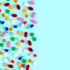Background of colourful tablets and pills. Variety of vitamins. Production of drugs. Medical theme. 3d rendering. 