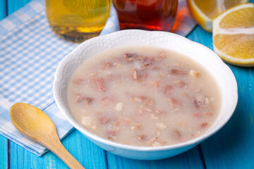 Traditional delicious Turkish food, Turkish traditional tripe soup; iskembe corbasi and offal soup, Turkish Meat Soup Kelle Paca (Turkish name; Kelle paca corbasi)