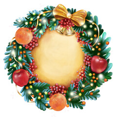 Christmas wreath of fir branches with golden bow, fruits, berries and decorations. Christmas template frame for text with branches, oranges and apples on a parchment background. Realistic illustration
