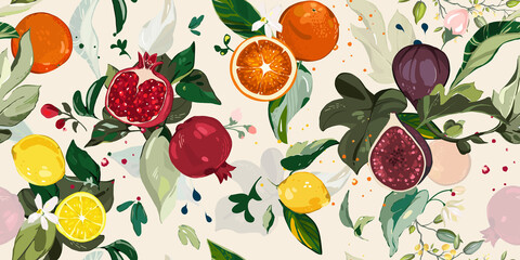  Big vector seamless pattern with Set of Garnet, lemon, orange and figs branch. green leaves, fruit, flowers - 476491484