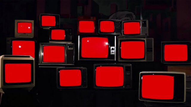 Old Televisions turning On and Off Red Screen with Static Noise. 4K Resolution.