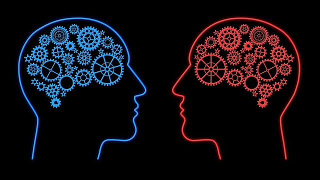 Rote und blaue disharmonisch arbeitende Zahnräder (Getriebe) bilden im Kopf zweier Menschen ein Gehirn. Durch Austausch entsteht Harmonie. 4K Animation vor schwarzem Hintergrund.