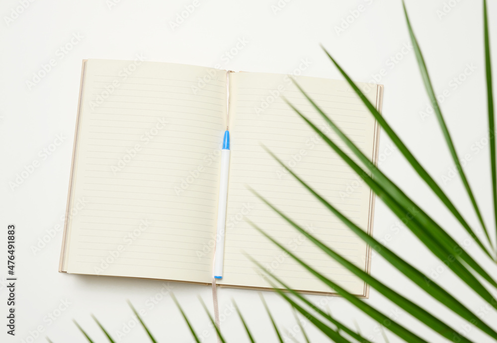 Poster open notebook with blank white sheets on a white background, top view