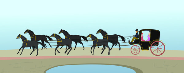 A carriage with six black horses. The crew of the nineteenth century. Vector illustration.