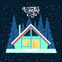 Winter Cabin with landscape. Cute vector illustration in flat style. Cozy A-frame house in night forest with fir-trees and snow. Merry Christmas, Happy New Year Background with handwritten text Winter