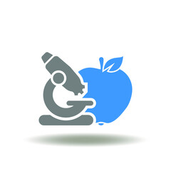 Obraz premium Vector illustration of microscope with apple. Icon of research fruit. Symbol of healthy innovative nutrition. Natural food engineering technology sign.