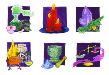 Magic objects from witch house that used in alchemical medicine. Set of watercolor illustrations with black outline on violet background. Witchcraft symbols, magician collection, mystery cards