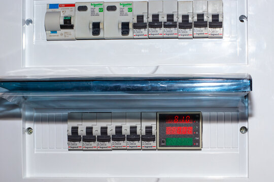 Electrical panel with monitor, switches and protection. Conducting electricity to the house. Russia, Anapa - 11.07.2020