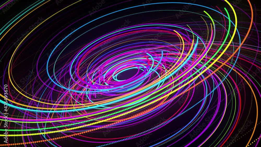Poster colored lines or streaks swirling in spiral fly along swirling path. motion design bg of particles s