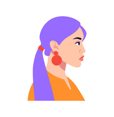 Woman with lilac hair. Girl in profile, head silhouette. Avatars for social networks, icons for application. Bright style, attractive appearance, model posing. Cartoon flat vector illustration