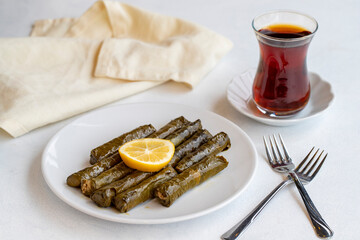 Delicious dolma (sarma) stuffed grape leaves rice, white yogurt sauce. Stuffed grape leaves on white background. Lebanese dolma sarma on plate. Lebanon turkish greek middle eastern cuisine.