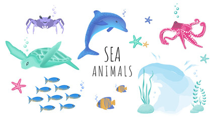 Set of sea animals. Undersea world. Vector illustration isolated on white background. 