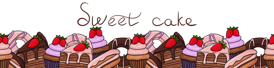 Seamless border of cupcakes, cake slices, donuts and macaroni cakes. Juicy vector illustration in the style of hand drawing and doodle