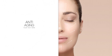 Face lift and Anti Aging Treatment. Beauty Face Spa Woman with Lifting Arrows. Youth and skin care...