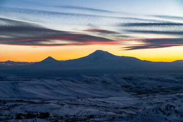 Beautiful colorful sunset over the Ararat mountain.