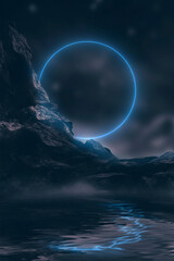 Fantasy night landscape with mountains reflected in the water. Neon blue circle. Abstract islands, stones on the water. Dark natural scene. Neon space planet. 3D illustration. 