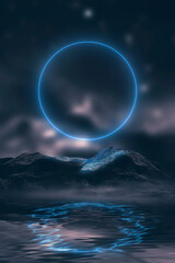 Fantasy night landscape with mountains reflected in the water. Neon blue circle. Abstract islands, stones on the water. Dark natural scene. Neon space planet. 3D illustration. 