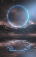 Fantasy night landscape with mountains reflected in the water. Neon blue circle. Abstract islands, stones on the water. Dark natural scene. Neon space planet. 3D illustration. 