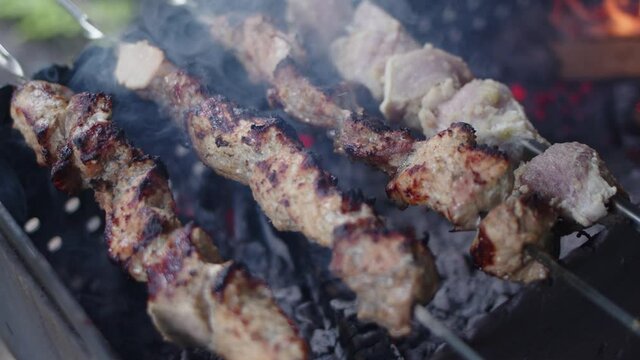 Tasty Shish Kebab Meat being prepared on burning coals.