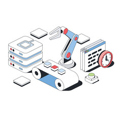 Server automation, robot hand, program window, clock, production line. Vector 3d line isometric, color web icons, new flat style. Creative illustration, design idea for infographics.