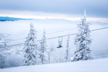 Winter landscape in Sheregesh ski resort in Russia, located in Mountain Shoriya, Siberia....