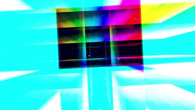Glow rectangles, streaks and lines. Motion design vj loop. 3d structure. Motion graphic, camera fly throungh abstract art space, multilayer structure with pattern and particles. Rainbow gradient color