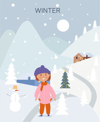 Girl in winter park. Character in warm clothes standing in snow. Poster, banner and background. December, January and February. Person sculpts snowman, holiday. Cartoon flat vector illustration